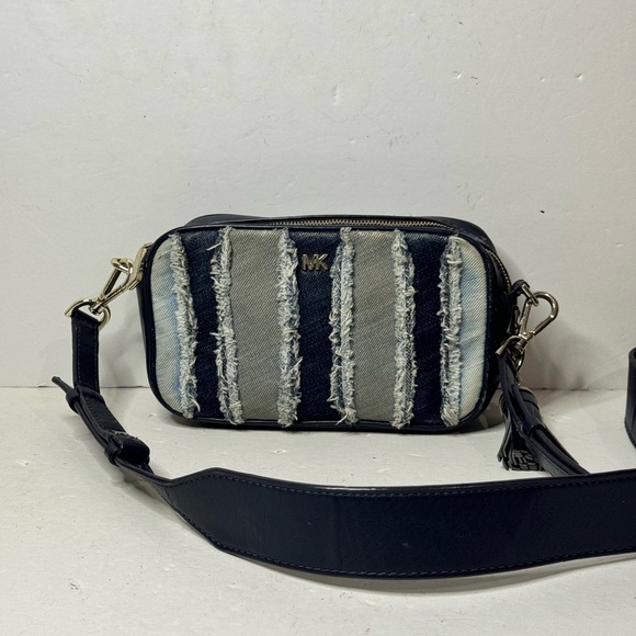 Michael Kors Dark Blue Leather And Denim Jeans Crossbody Bag Double Compartment - Picture 1 of 14